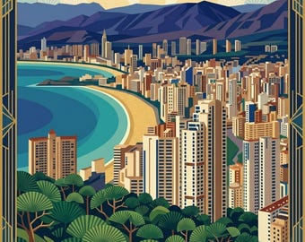 Benidorm Overview, Spain - Wall Art, art deco style travel Portrait poster