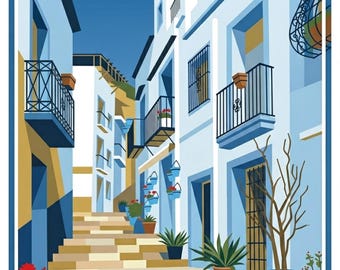 Alicante, Old Town, Spain - Wall Art, art deco style travel Portrait poster
