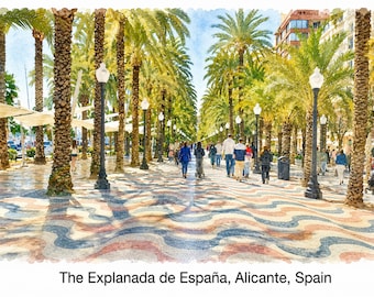 The Explanadade Espana, Alicante-Spain-watercolour Print - Travel Art Poster