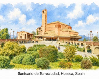 Santurio de Torreciudad, Heusca, Spain, watercolour print Art, Sanctuary Portrait Poster
