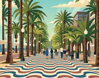 Alicante Palm Walkway, Spain - Wall Art, 1950s style vintage Portrait poster