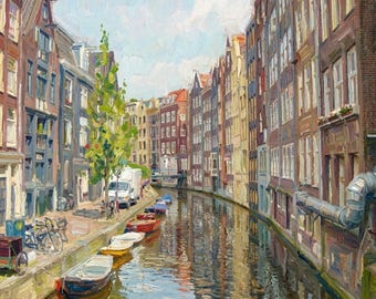Original artwork Print, Canal Amsterdam, Holland original photograph enhanced in an impressionism style