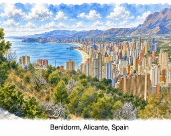 Benidorm, Alicante, Spain Watercolour print Art, Coastal Landscape Poster