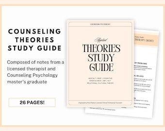 Puede incluir: Una guía de estudio sobre las teorías de asesoramiento, con un esquema de color rosa y blanco. El título es "Applied Theories Study Guide" y el texto dice "Compuesto por notas de un terapeuta licenciado y un máster en Psicología del Asesoramiento. ¡26 páginas!"