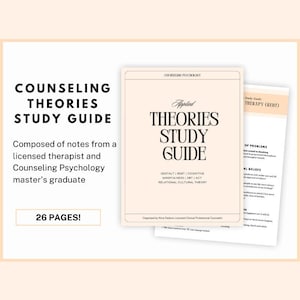 May include: A study guide for counselling theories, with a pink and white colour scheme. The title is "Applied Theories Study Guide" and the text says "Composed of notes from a licensed therapist and Counselling Psychology master's graduate. 26 pages!"