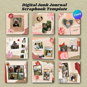 Plantilla de álbum de recortes digital de aniversario, vintage, personalizable, romántico, con elementos de diario basura, efímeras, San Valentín