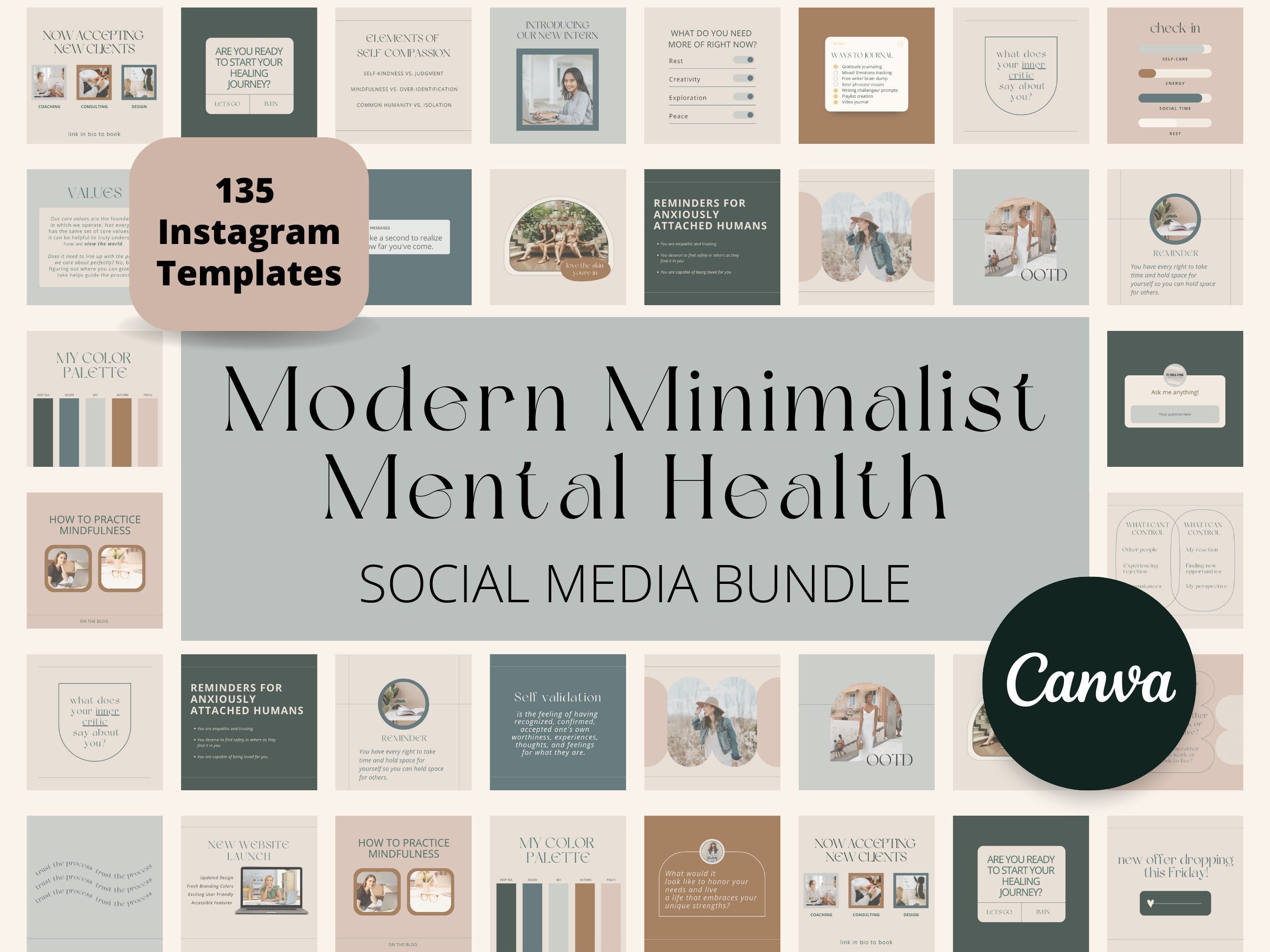 Modern Minimalist Mental Health Instagram Post Template Bundle | Canva ...
