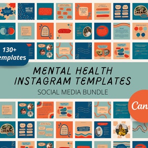 Puede incluir: Una colección de más de 130 plantillas de redes sociales para Instagram, diseñadas en un estilo retro con colores azul, naranja y blanco. Las plantillas incluyen cuadros de texto, ilustraciones y gráficos relacionados con la salud mental. El texto "Plantillas de Instagram para la salud mental" y "Paquete de redes sociales" se muestra en el centro de la imagen. El logotipo de Canva se muestra en la esquina inferior derecha.