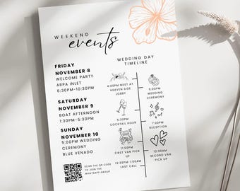 Tropical Wedding Weekend Itinerary Template, 9 Layouts (Canva Editable)