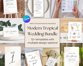 Modern Tropical Wedding Template Bundle Signage Canva Destination Decor Fully Editable Instant Download Reception Logo Design Minimal