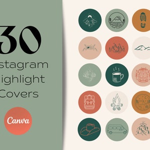 May include: Thirty Instagram highlight covers with various nature and travel themed illustrations. The illustrations include mountains, a campfire, a van, a coffee cup, a hat, and a tent. The covers are in a variety of colors, including green, brown, red, and beige.