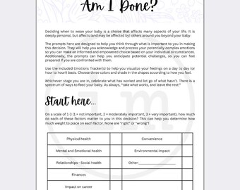 May include: A printable worksheet titled "Am I Done?" helps parents decide when to wean their baby. The worksheet includes a table with factors to consider, such as physical health, mental and emotional health, relationships, finances, convenience, environmental impact, and impact on career. Each factor is rated on a scale of 1 to 3, with 1 being not important and 3 being very important.