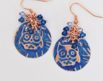 Antique copper owl earrings dark blue crystal cluster dangle earrings embossed copper earrings blue owl earrings