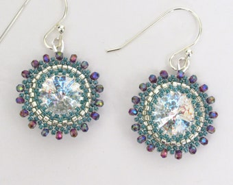Beaded crystal rivoli earrings teal earrings seed bead earrings glass beaded earrings silver earrings purple crystal earrings