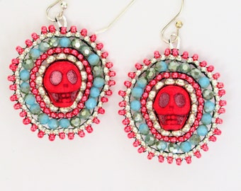 Skull earrings red and turquoise earrings Day of the Dead Halloween earrings silver earrings Dia de los muertos