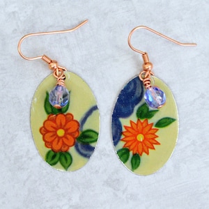 Recycled tea tin floral earrings glass bead orange flower blue upcycled dangle copper ear wire spring earrings