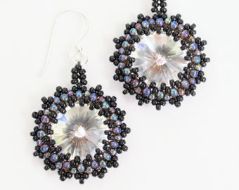 Beaded crystal rivoli earrings black earrings seed bead earrings glass beaded earrings blue earrings sparkly earrings crystal earrings