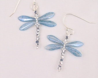 Beaded dragonfly earrings glass insect earrings beaded bug earrings light blue silver