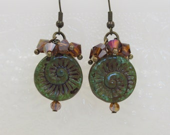 Antique brass fossil shell earrings glass snail bead green topaz crystal cluster dangle earrings earthtone