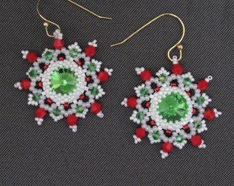 Beaded Snowflake earrings beaded earrings red and green earrings Christmas earrings secret santa gift crystal seed bead earrings