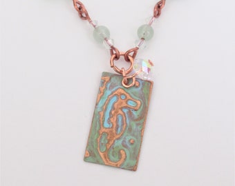 Embossed antique copper necklace green seahorse aventurine beaded chain romantic vintage 20" sea beach