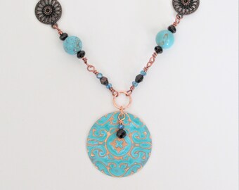 Copper filigree necklace teal necklace glass bead chain necklace romantic vintage 20" assemblage patina turquoise blue