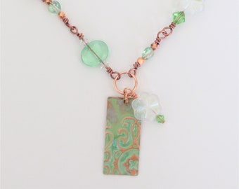 Antique copper necklace green necklace crystal glass bead chain necklace filigree romantic vintage 22" assemblage patina