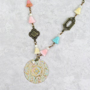 Antique brass necklace pastel flower necklace floral glass bead chain necklace mother of pearl romantic vintage 20&quot; assemblage patina