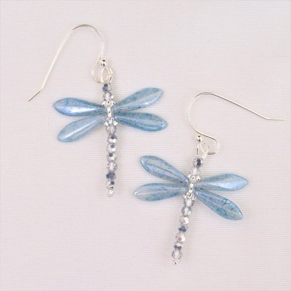 Beaded dragonfly earrings glass insect earrings beaded bug earrings light blue silver