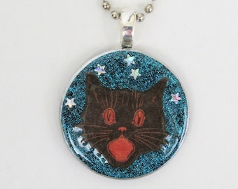 Halloween cat necklace vintage black cat pendant wood resin silver ball chain necklace