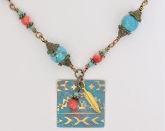 Embossed antique brass necklace turquoise blue southwest beaded bronze romantic vintage 25" long beaded chain turquoise dyed howlite shell