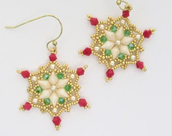 Beaded Snowflake earrings beaded earrings gold tone cream white pearl red and green Christmas snowflake earrings secret santa gift crystal