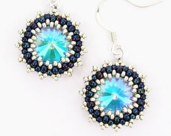 Beaded crystal rivoli earrings silver earrings seed bead earrings blue earrings sparkly earrings paradise shine