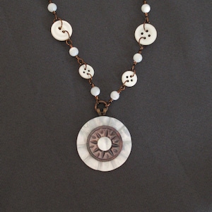 Upcycled button necklace vintage mother of pearl button antique brass necklace beaded bronze romantic vintage 23&quot; long beaded chain