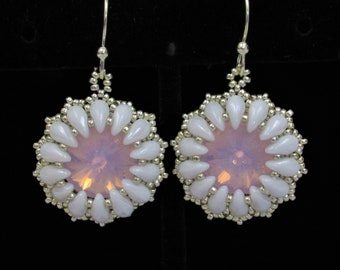 Beaded crystal rivoli earrings white daisy earrings pink opalescent crystal glass bead earrings white flower crystal earrings summer earring