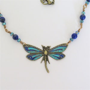 Embossed antique brass necklace dragonfly dark blue glass bead bronze romantic vintage 20&quot; beaded chain art nouveau insect lapis lazuli
