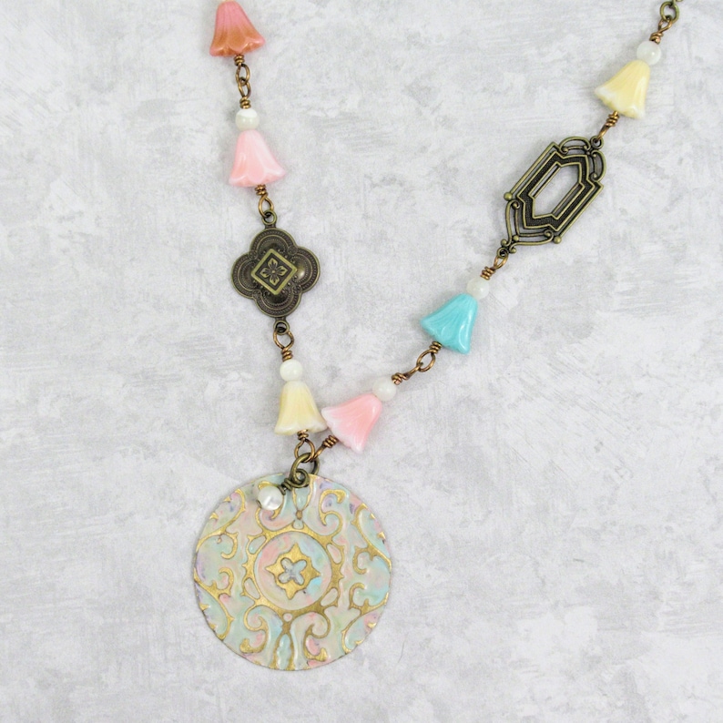 Antique brass necklace pastel flower necklace floral glass bead chain necklace mother of pearl romantic vintage 20 assemblage patina