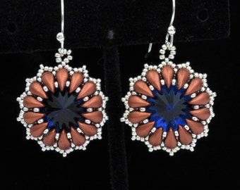 Beaded crystal rivoli earrings copper daisy earrings dark blue crystal rivoli glass bead earrings blue flower crystal earrings