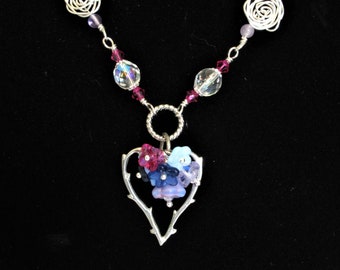 Silver plated floral hear necklace pink glass bead blue flowers romantic vintage 21" beaded chain