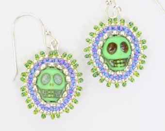 Skull earrings purple and green earrings Day of the Dead Halloween earrings silver earrings Dia de los muertos