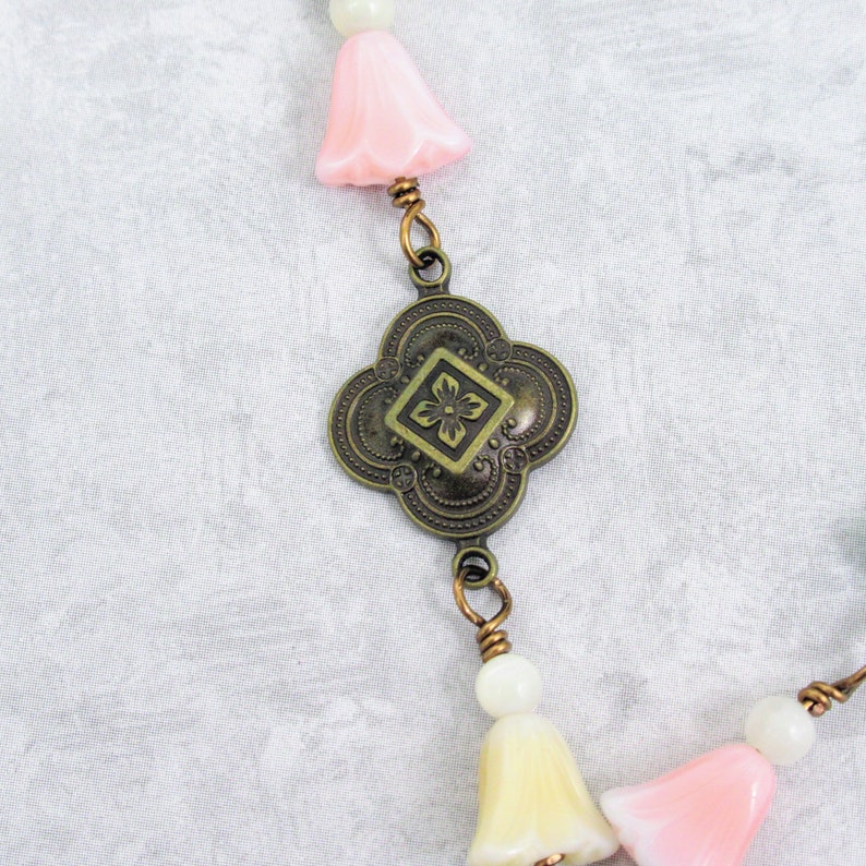 Antique brass necklace pastel flower necklace floral glass bead chain necklace mother of pearl romantic vintage 20 assemblage patina
