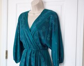 Vintage green wrap dress from the 1980s emerald green floral dress  women's small dress
