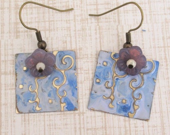 Square embossed brass floral earrings glass flower beads purple blue handmade dangle drop earrings romantic antique brass vintage