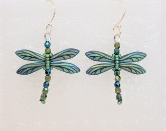 Beaded dragonfly earrings glass insect earrings beaded bug earrings black green iridescent