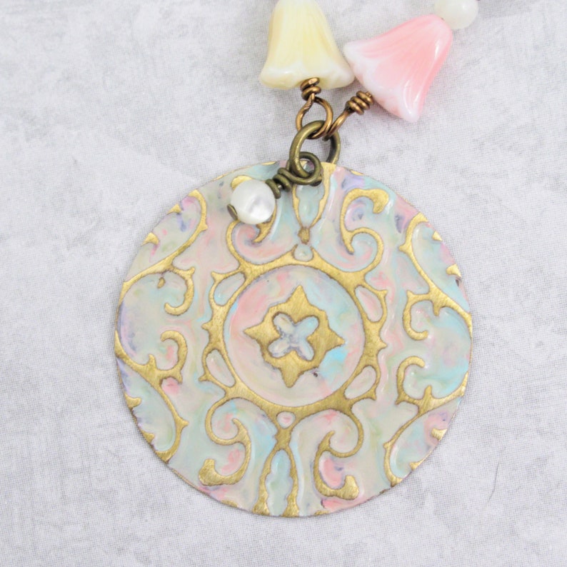 Antique brass necklace pastel flower necklace floral glass bead chain necklace mother of pearl romantic vintage 20 assemblage patina