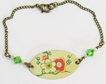 Handmade bracelet made from recycled vintage tin floral bead antique brass red flower upcycled bronze yellow green crystal