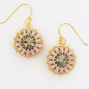 Beaded crystal rivoli earrings lavender flower earrings seed bead earrings glass bead earrings purple daisy crystal earrings gold earrings