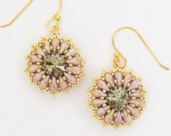 Beaded crystal rivoli earrings lavender flower earrings seed bead earrings glass bead earrings purple daisy crystal earrings gold earrings