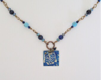 Embossed antique brass necklace dark blue owl glass bead bronze romantic vintage 22" long beaded chain turquoise lapis lazuli