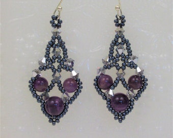 Beaded filigree earrings amethyst bead earrings gunmetal gray crystal earrings silver earrings